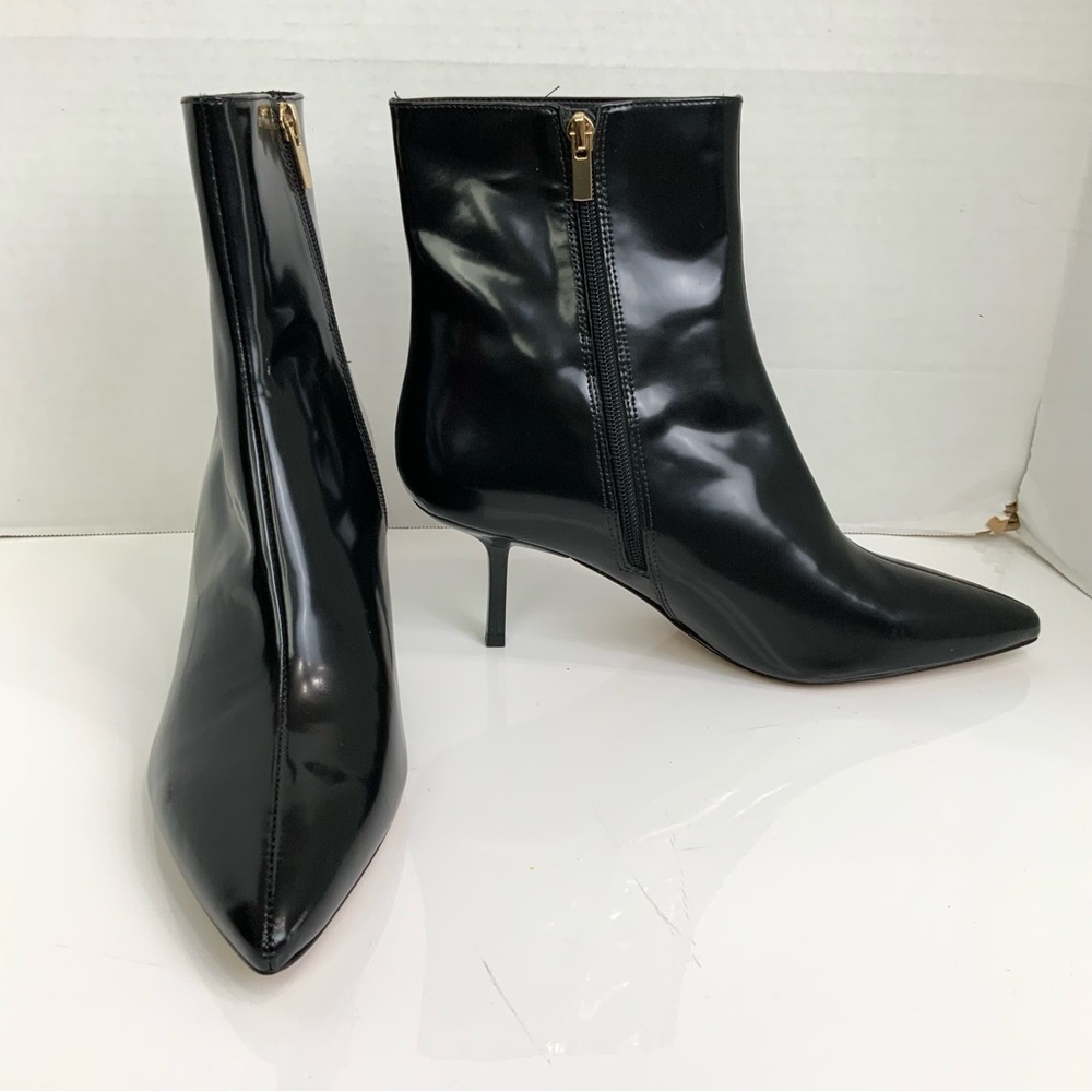 New Ann Taylor Sz 11 Shiny Black Leather Sculptural Heel Sleek Booties Boots - Picture 4 of 11